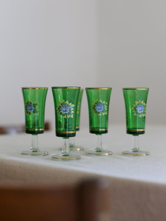 Set of 5 Vintage Green Short Drink Shot Glasses