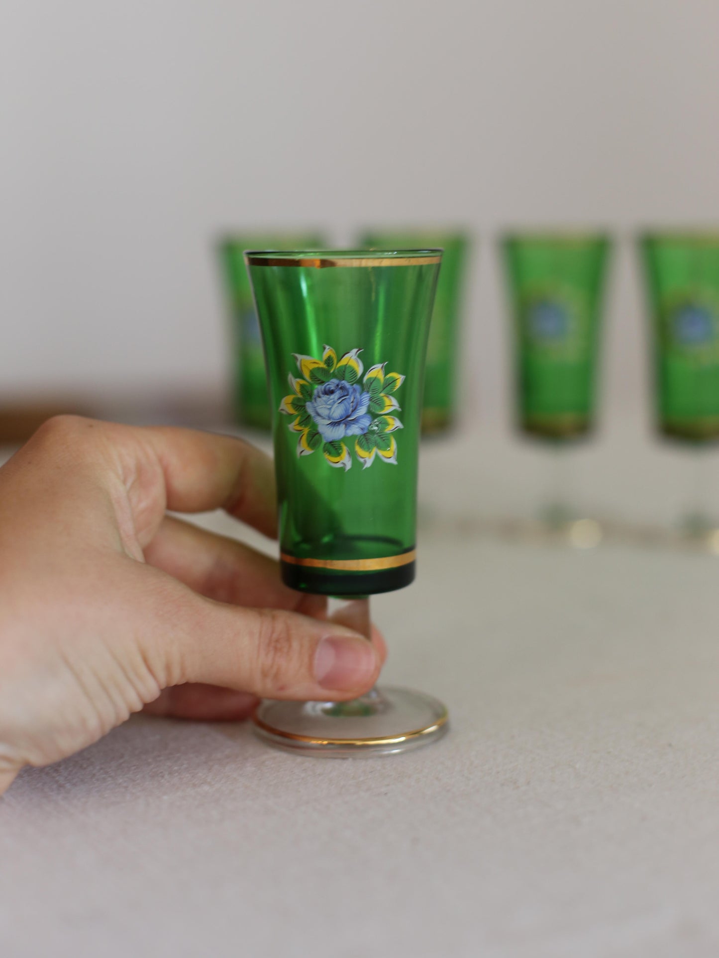 Set of 5 Vintage Green Short Drink Shot Glasses