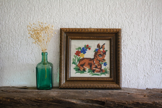 Vintage Framed Bambi Needlepoint Embroidery